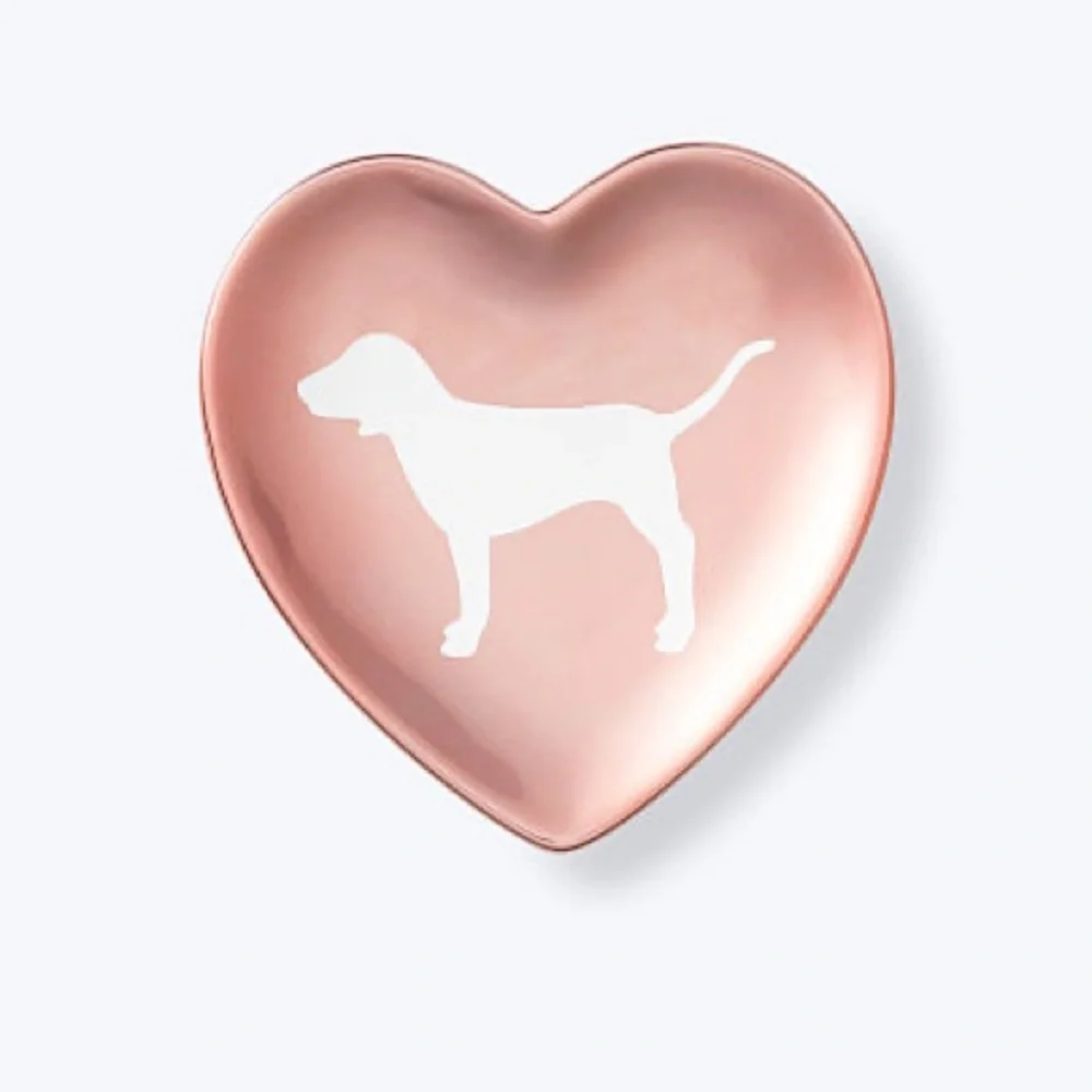 NEW VS PINK Rose Gold Heart Shaped with Dog Logo Trinket Tray Dish.